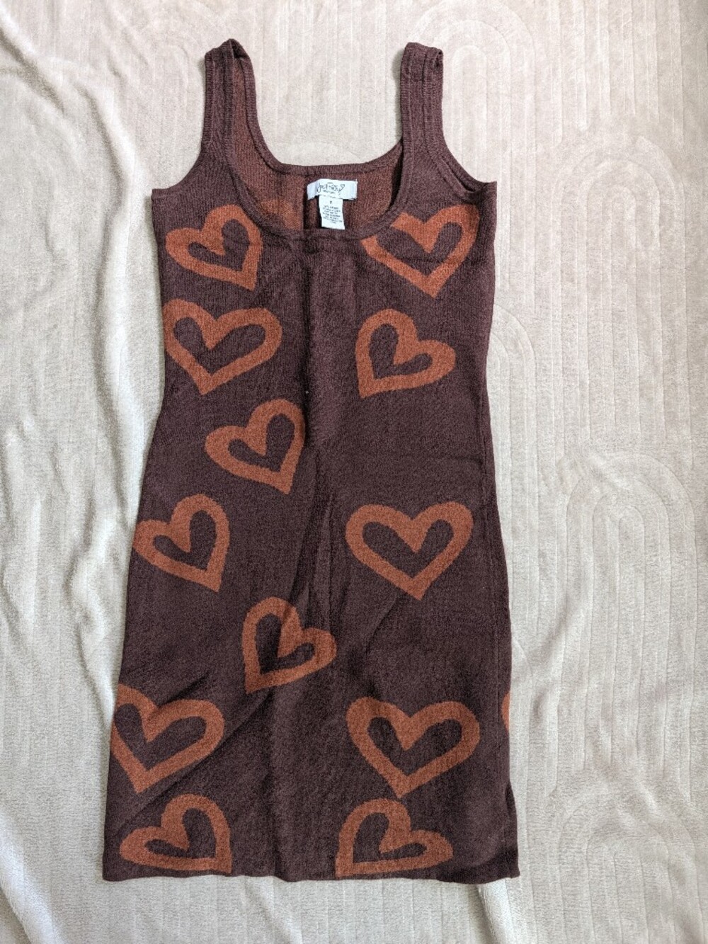 Sleeveless Heart-Print Mini Dress in Brown by Just Polly